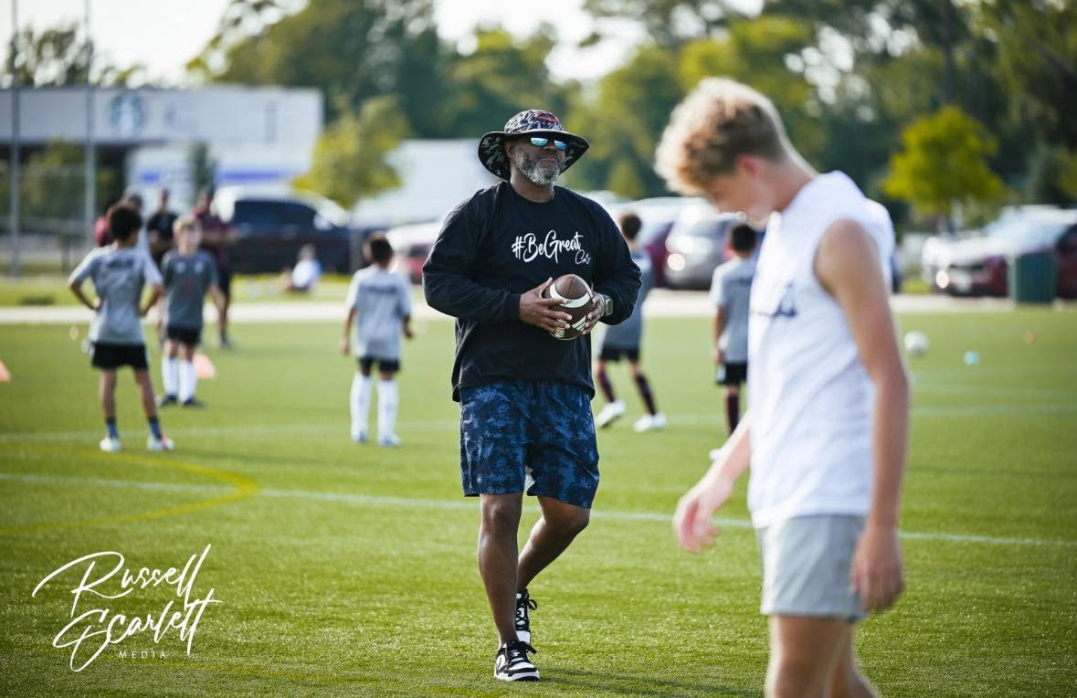 Coach Chris Taylor leading a Taylor Sports Performance football training and athlete development session on the field