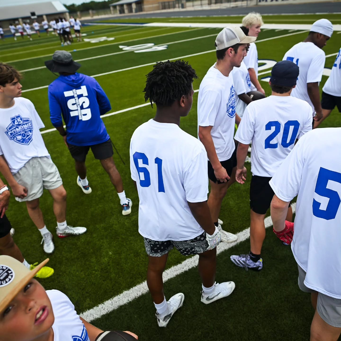 Taylor Sports Performance athletes and coaches in the TSP training environment during a community football combine and athlete development camp in East Texas